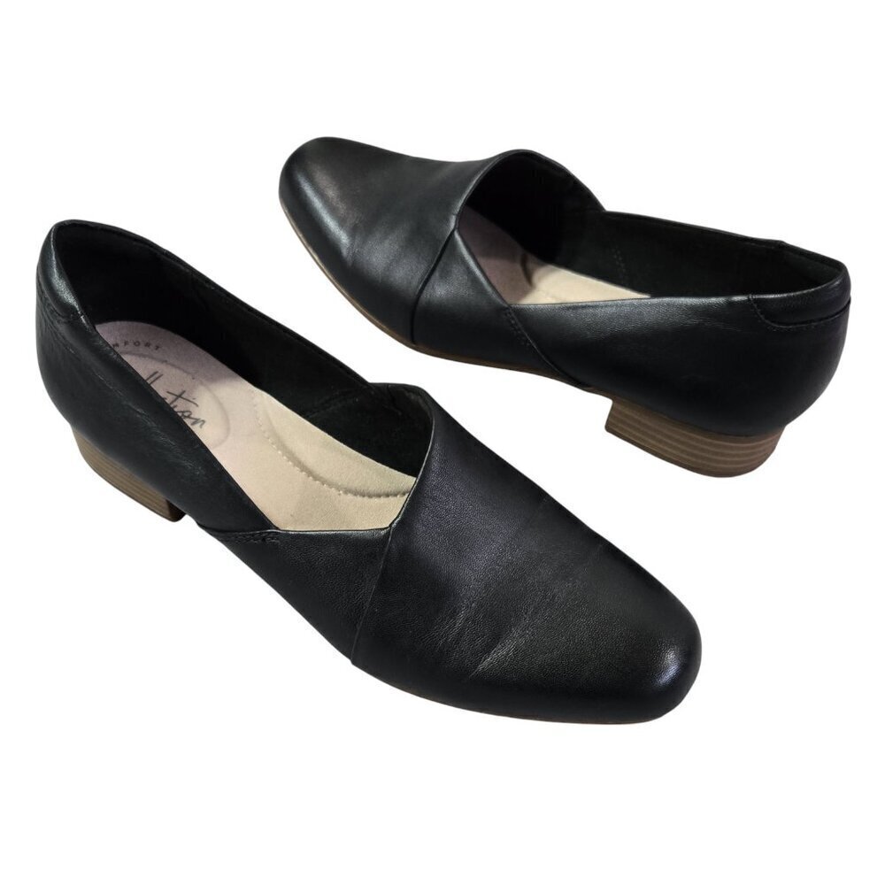 Clarks Juliet Palm Black Leather Low Heel Slip On Loafers Capsule Comfy Office